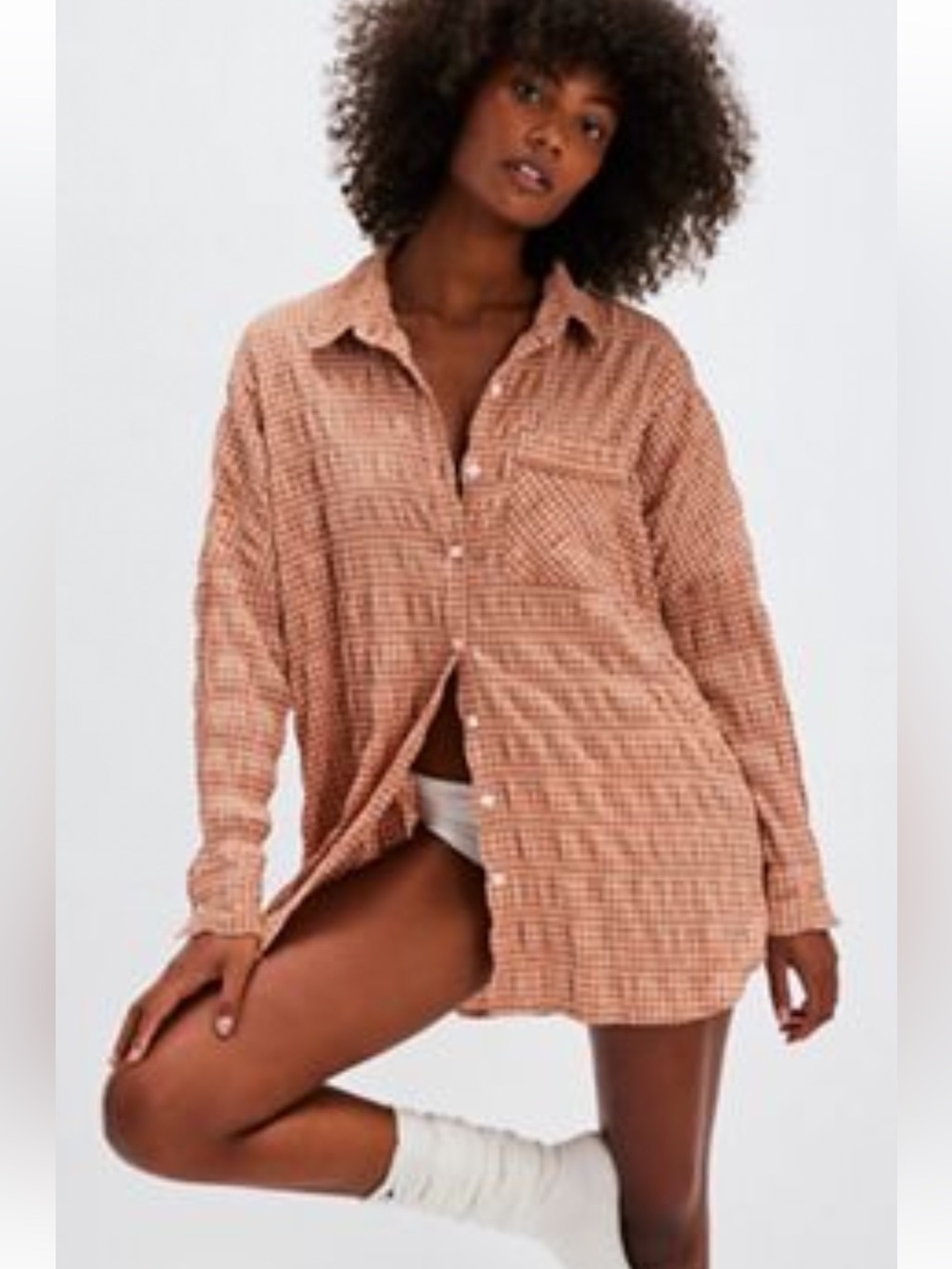 NWOT Free People Peach Plaid Relaxed Button-Down Shirt